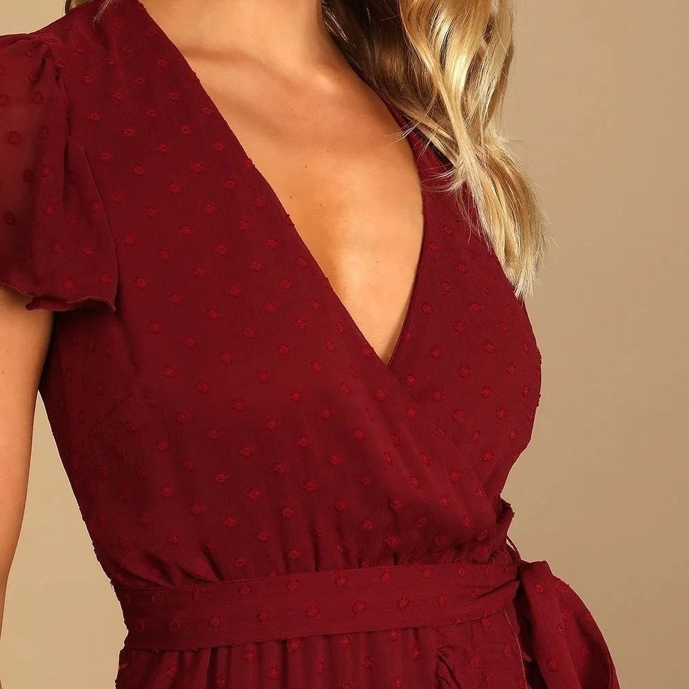 NWT Lulus Have Harmony Maroon Red Swiss Dot Ruffled Faux Wrap Midi Dress